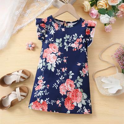 Kız Çocukları İçin Elbise 1-8Y Doğum Günü Kore Tarzı Moda Fırfırlı Kollu Yuvarlak Yaka Çiçekli Desenli Elbise