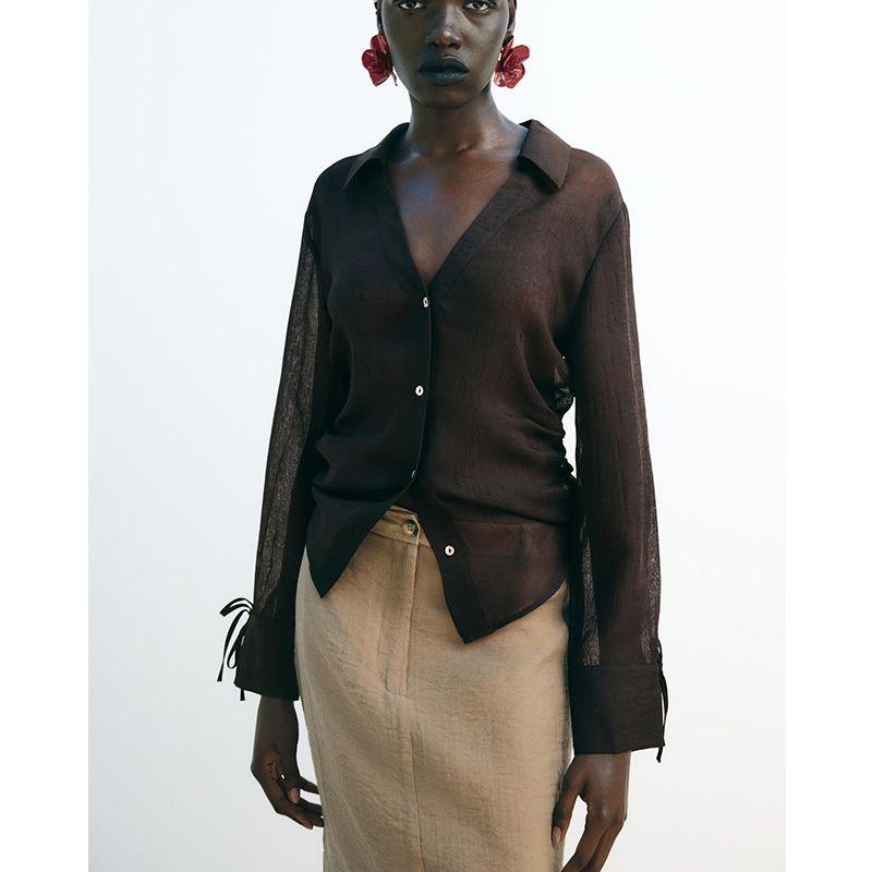 Summer New Product Women Clothes Western Style Bowknot Decoration Translucent Long Sleeve V-neck Shirts Top 3666052