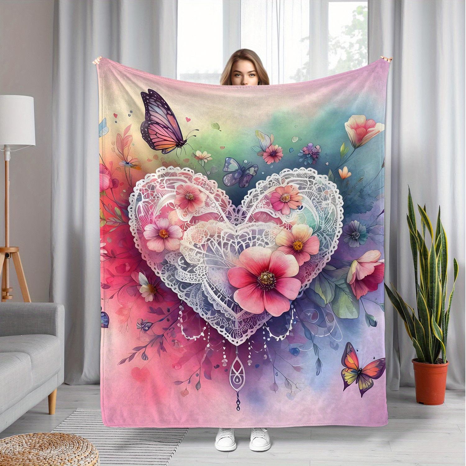 

Colorful heart-shaped floral pattern Flannel printed blanket suitable for all seasons suitable for living office sofa and travel 75x90cm28x39in