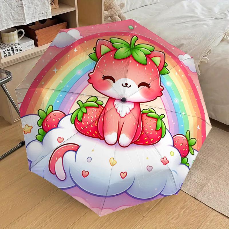 1PC Strawberry Cat Automatic Open/Close Umbrella with Windproof, 8-Rib Sturdy Canopy, Durable Ribs, Fashionable Design1399A