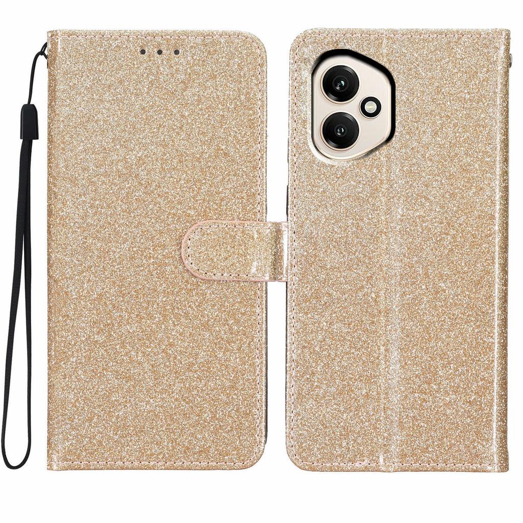 Für Honor 400 5G (Global) Glitzernde Kratzfeste Leder-Ständer-Handyhülle mit Riemen