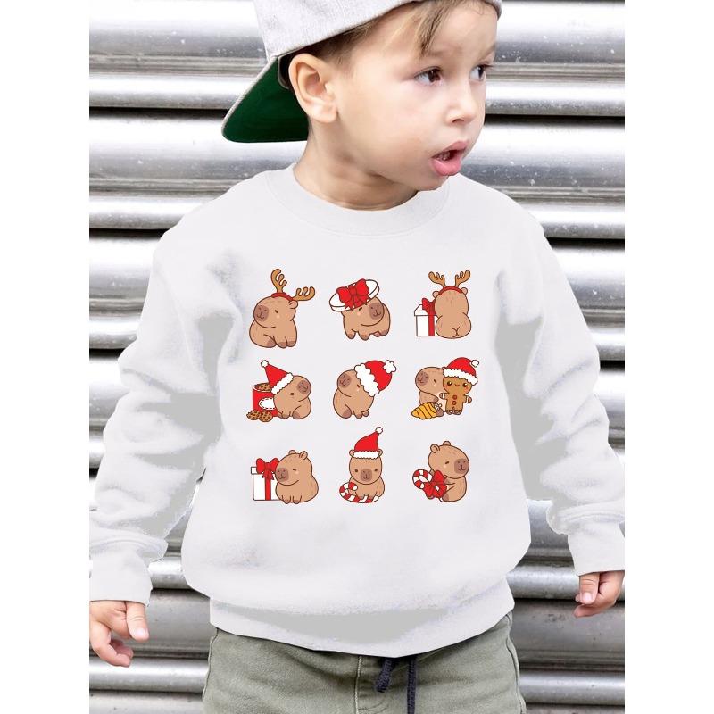 European sizes Kids' Stylish Fleece Round-Neck Sweatshirt Featuring Reindeer, Christmas Hats Cartoon Pattern, Loose-Fit Casual Long-Sleeve Pullover