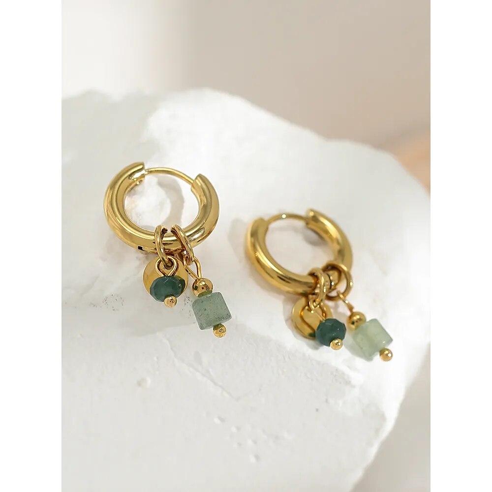 Plated Stainless Steel Hoop Earrings for Women Vintage Green Natural Stone Charms Trendy Waterproof Jewelry