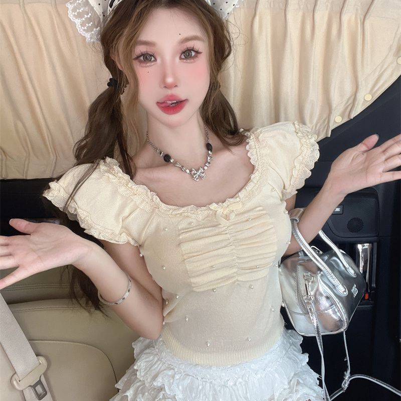 

Зеленый и свежий дизайн в корейском стиле с корейским кружевом и кружевной нишей для ногтей, трикотаж с короткими рукавами для женщин на лето L