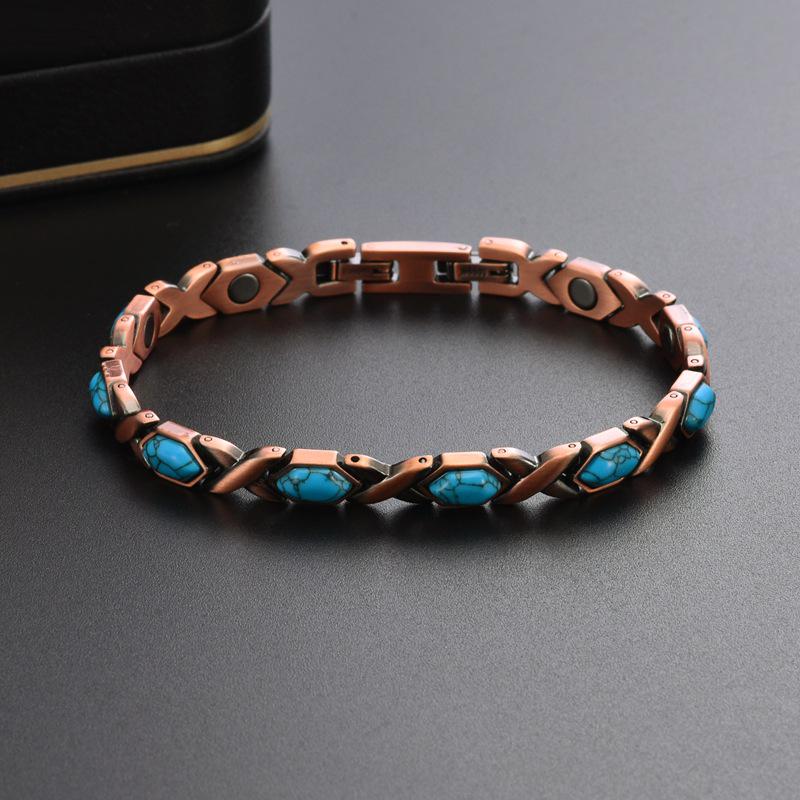 Retro Blue Turquoise Magnetic Ladies Bracelet - Pure Copper Design