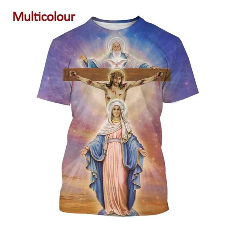 3D Printing Virgin Mary T Shirt For Men Summer Short Sleeved Christian Mother Of God Pattern Tshirts Mens Casual T-Shirt Tops