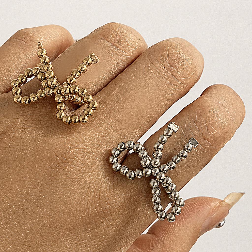 Sweet Cool Wind Metal Ribbon Bow Ring Temperament Pearl Open Ring Bow Rings