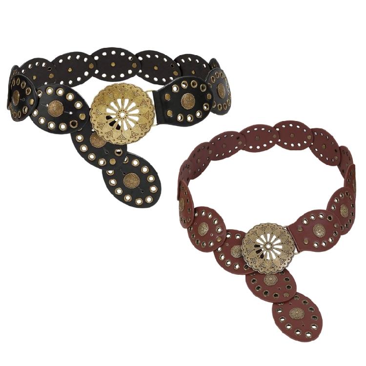 Comfortable Round Disk Waist Belt For Women PU Leather Strap With Ethnic Motifs Everyday Wear