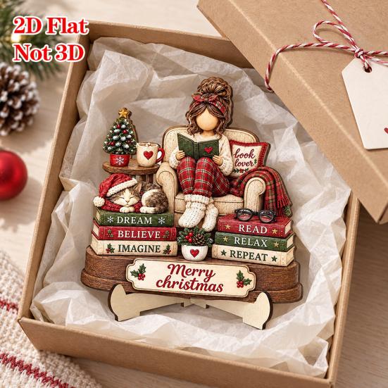 Retro Christmas Centerpieces Book Lover Gifts for Women, Just A Girl Who Loves Wooden Plaque, Winter Home Decor 2D Flat Reading Block Sign with Stand