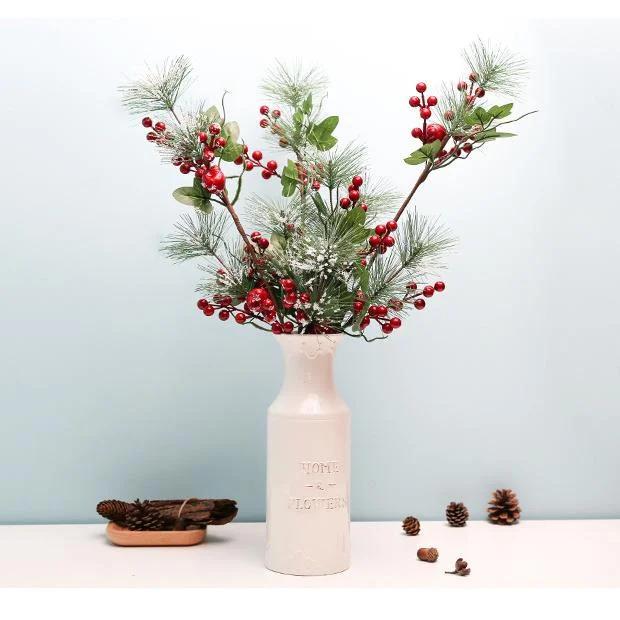 Christmas Berries Pine Artificial Berry Pine Branch Needles Faux Christmas Plant Xmas Tree Wreath DIY New Year Christmas Decor