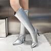 Moda Sexy Prateado Mulheres Botas Altas até o Joelho Moda Bico Fino Botins Longos Designer Salto Alto Fino Sapatos de Stripper Botas Mujer