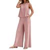 Women Solid 2 Piece Outfit, Round Neck Sleeveless Tank Top + Wide Leg Pants, Casual Matching Set
