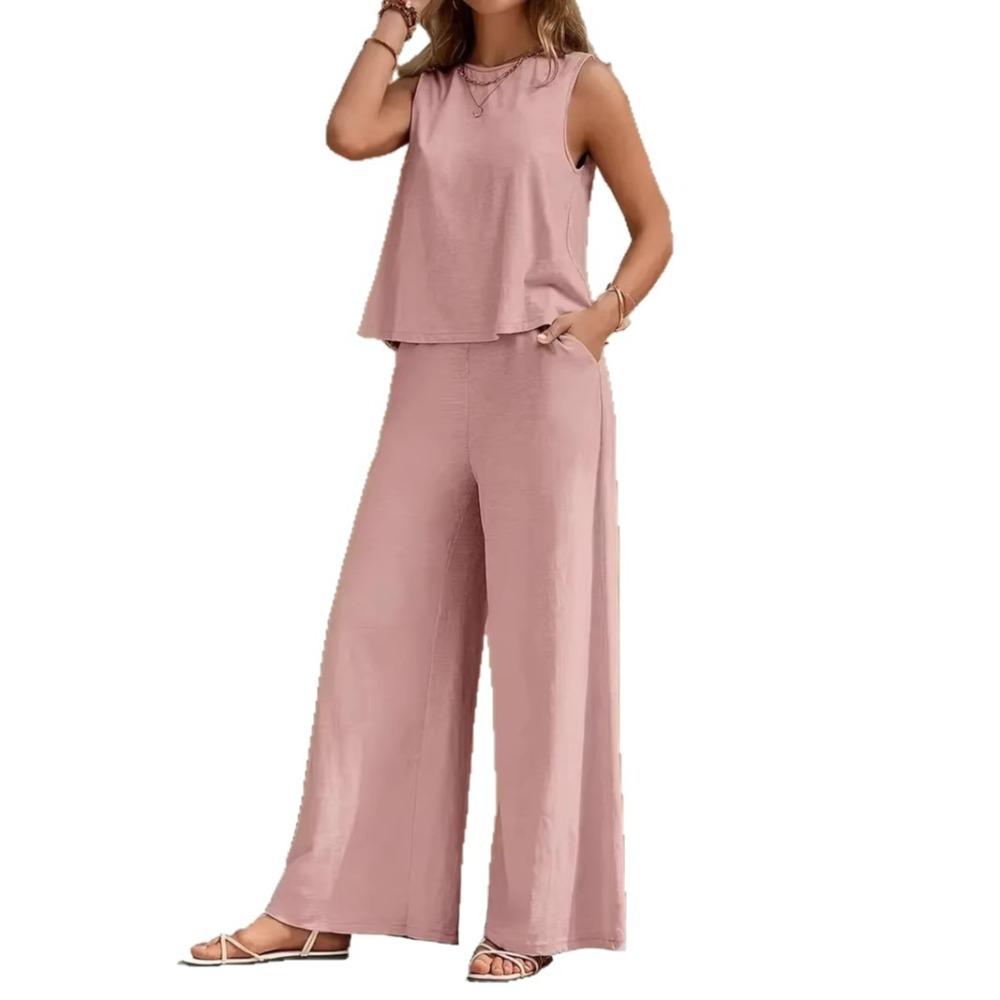 Women Solid 2 Piece Outfit, Round Neck Sleeveless Tank Top + Wide Leg Pants, Casual Matching Set