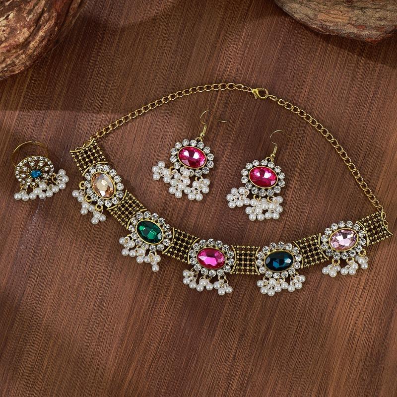 Meier Earrings, rings, and necklace set - women s bohemian style colorful diamond-studded tassel jewelry set