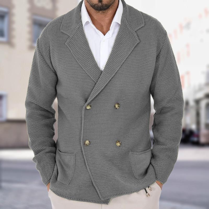 Men's Dark Blue Double Breasted Knit Cardigan with Gold Buttons, Thick Textured Fabric