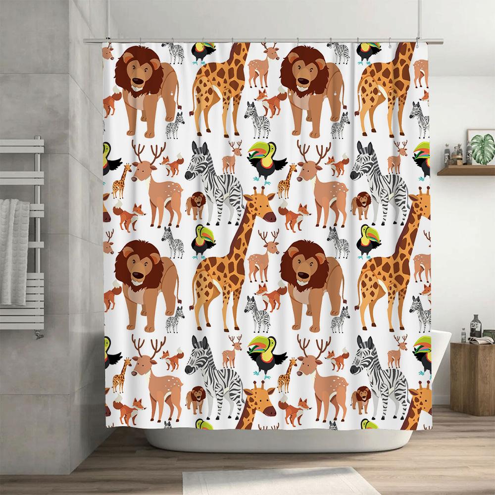 Animal Print Shower Curtain Cartoon Giraffe Lion Decorative Bath Rug With Hooks Set For Kids Bathroom Accessories Home Decoratio