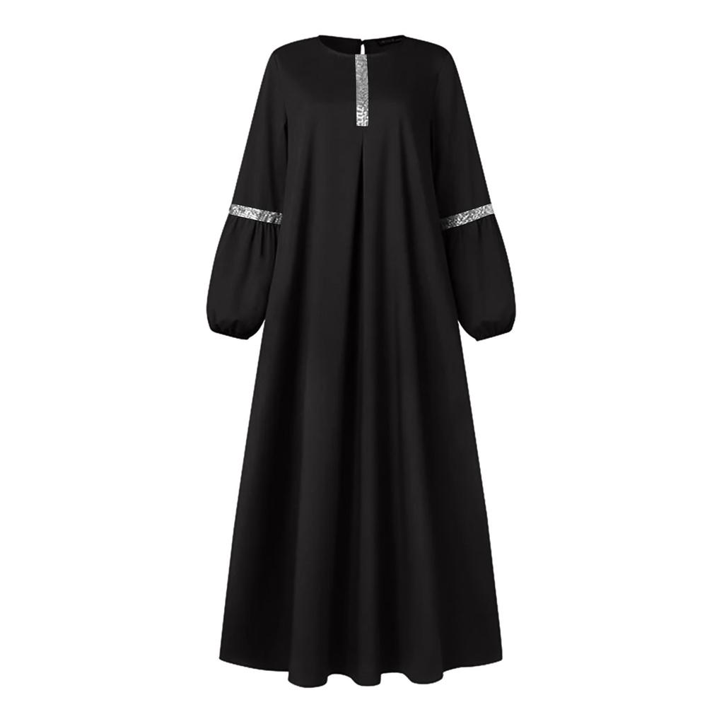 Dámské muslimské ležérní temperamentní elegantní jednobarevné kulaté výstřih s dlouhým rukávem skládané šaty