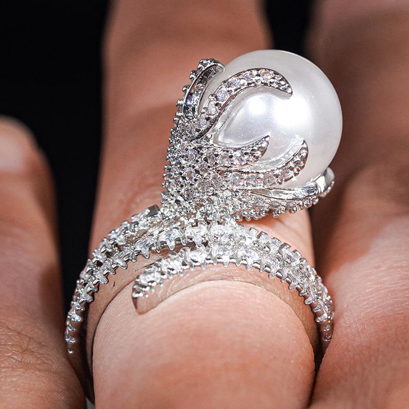 

CAOSHI Novel Simulated Pearl Rings with Sparking Cubic Zirconia Luxury Wedding Band Accessories Copper Color Zircon for Women 6