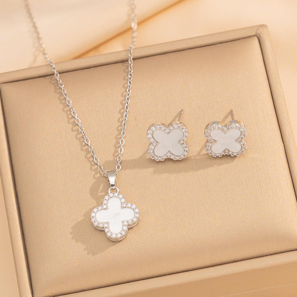Sparkling Double-Sided Four-Leaf Clover Necklace and Earring Set Stylish Simple Versatile High-End Luxury Titanium Steel Jewelry