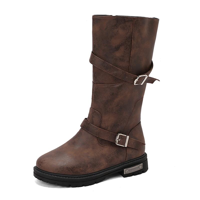 

Женские полусапоги до середины икры, круглый носок, блочный средний каблук, пряжка, молния, лаконичная женская модная обувь, осень-зима, черный, коричневый, 46 39 коричневый