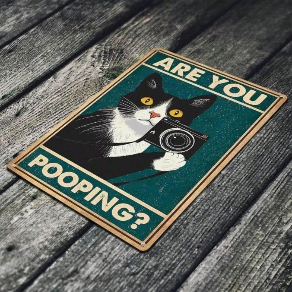 Metal Wall Art Cat in Tuxedo Are You Pooping Sign for Bathroom Toilet Decor