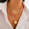 Retro portrait pendant stacked necklace set, personalized snake bone chain cross geometric jewelry