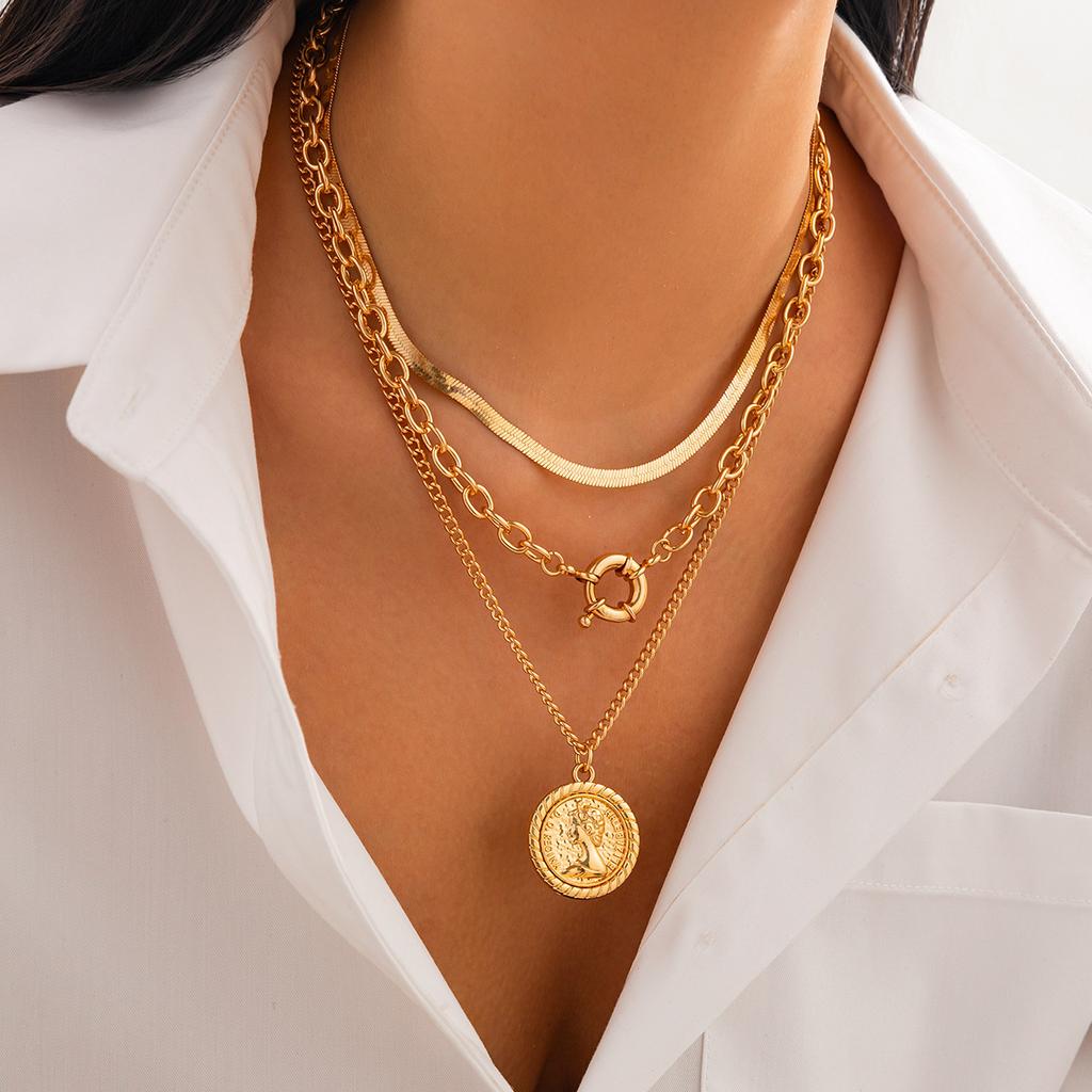 Retro portrait pendant stacked necklace set, personalized snake bone chain cross geometric jewelry