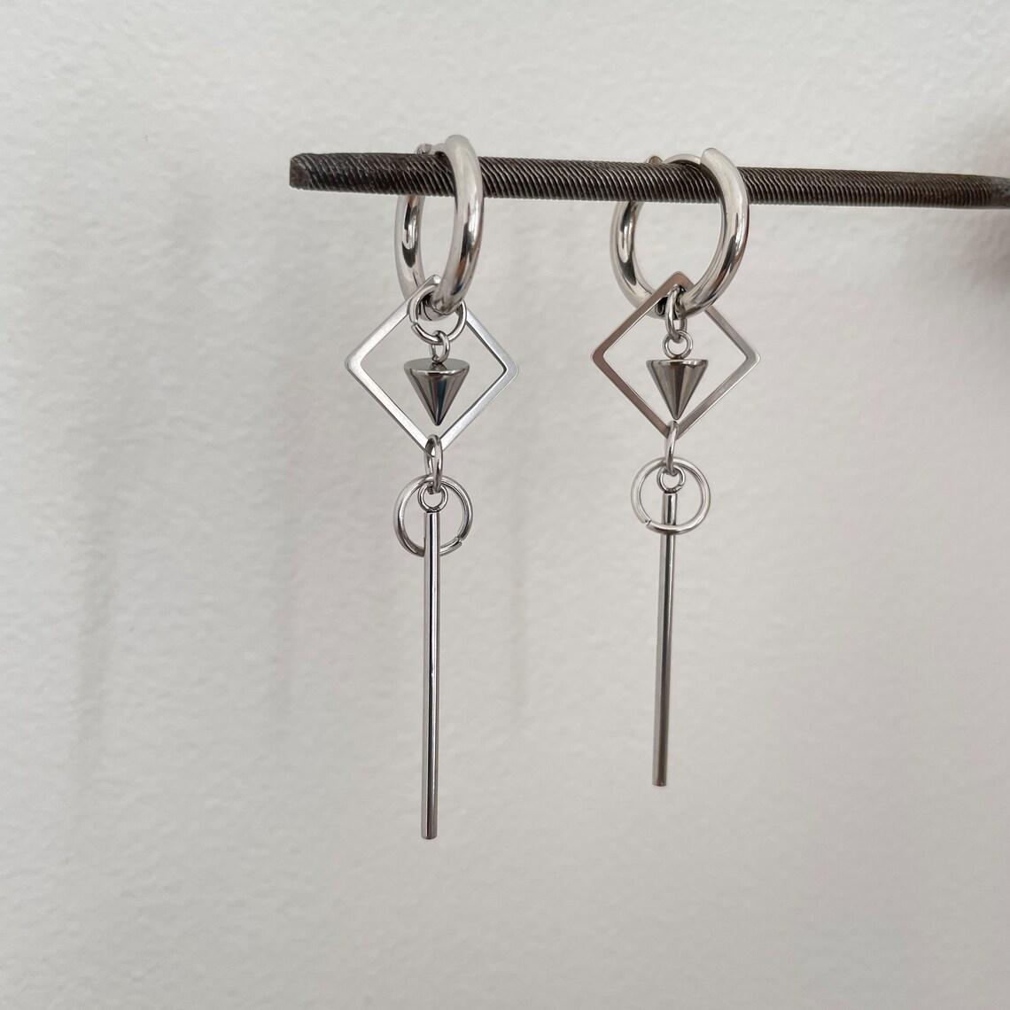 Trendy Geometric Rhombus Cone Long Dangle Earrings Stainless Steel Hoop Earrings for Women Men Unisex Streetwear Party Jewelry