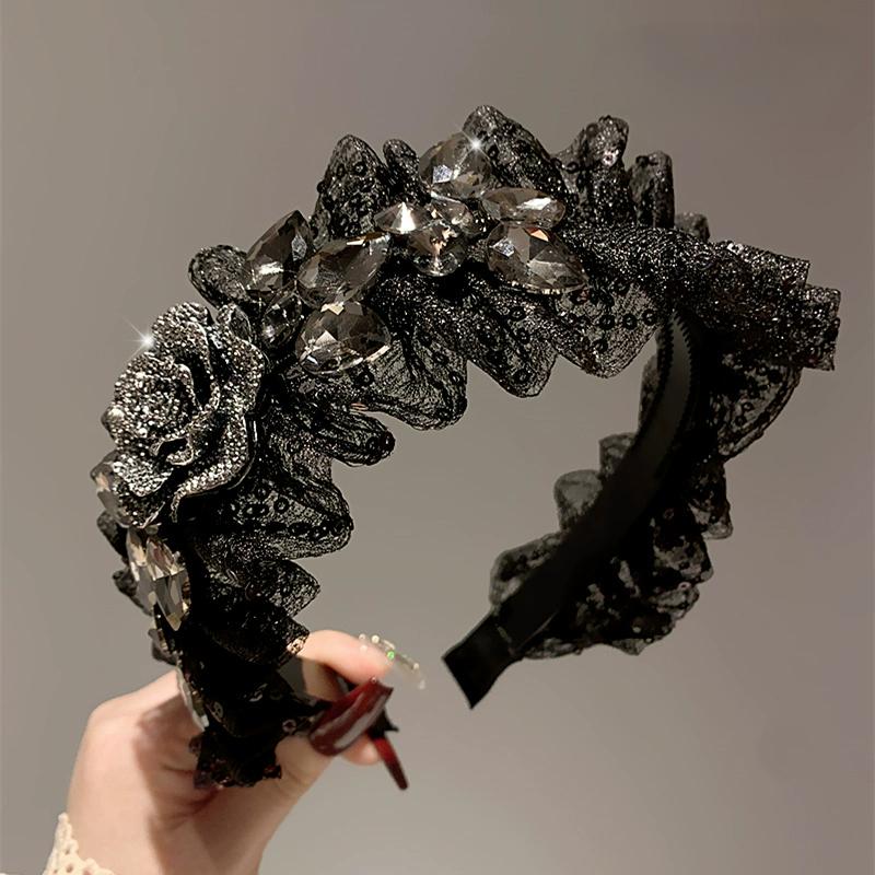 Luxury Korean Style Women Black Lace Hairband with Rhinestone Flower Headband Wide Edge Hair Clip Female Hairpin New Headwear