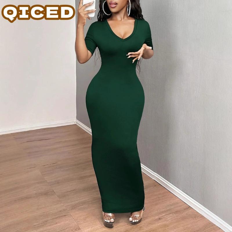 QICED Fashion Summer Spring Solid Color Print Short Sleeve U-Neck Casual Dresses Unique Design