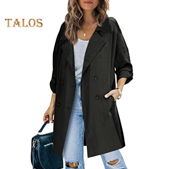 Fall Spring Women Windbreaker Turn-down Collar Notch Collar Double-breasted Loose Overcoat Mid Length Solid Color OL Commuting Coat Hiking Coat