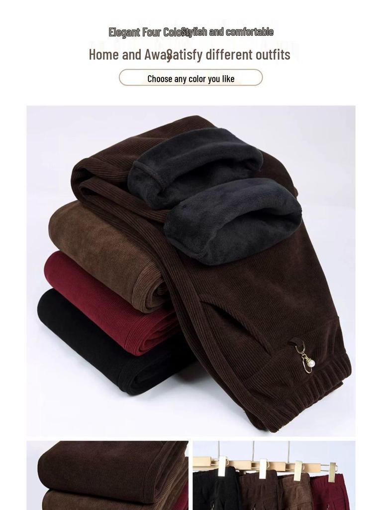 Mom's Corduroy Pants: Spring & Autumn Long, Middle-Aged & Elderly, Grandma's Winter Cotton Plus Velvet, Loose Fit, Large Size.