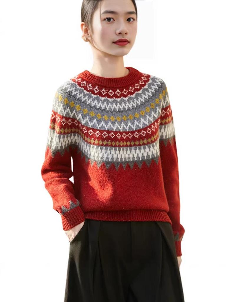 Women's Korean Style Fair Isle Wool Sweater - Loose Fit, Seamless Round Neck Jacquard Knitwear