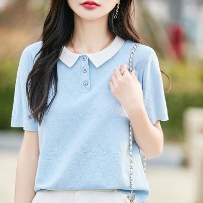 Polo d'été à manches courtes en coton pour femmes avec col contrasté