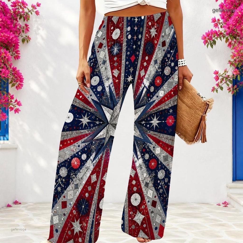 Women Plus Size Tropical Leaf Printed Loose Full Length Wide Leg Pants