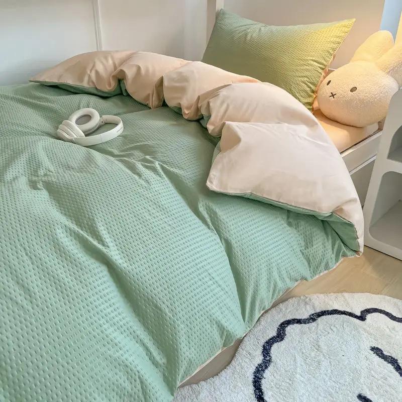 Ins Style Bedding Set Waffle Summer Student Dormitory Duvet Cover Set Bed Sheet Three Piece Set KING Queen
