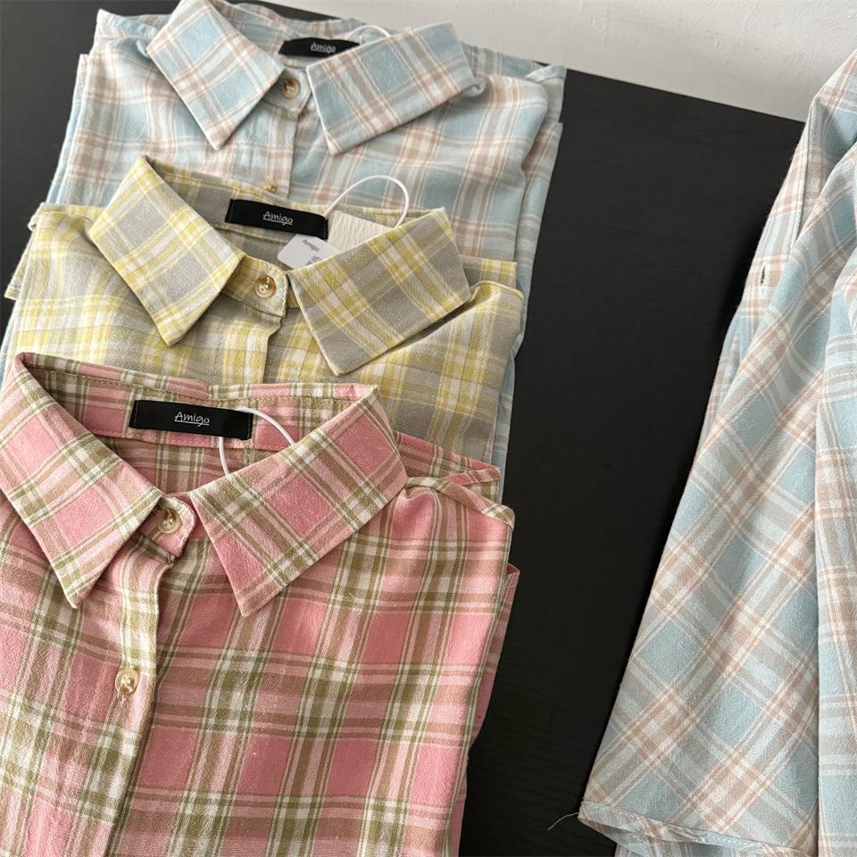Women's American Retro Plaid Long-Sleeve Cotton-Linen Shirt Jacket