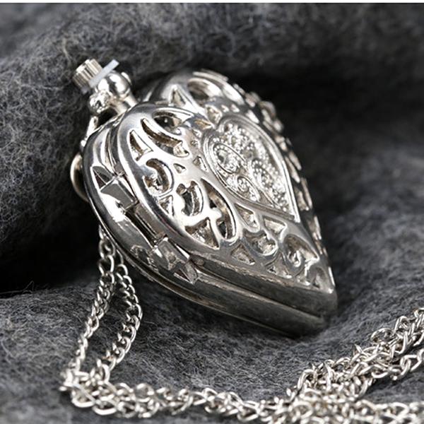 Hollow Heart-Shaped Pocket Watch Necklace Pendant Chain Women