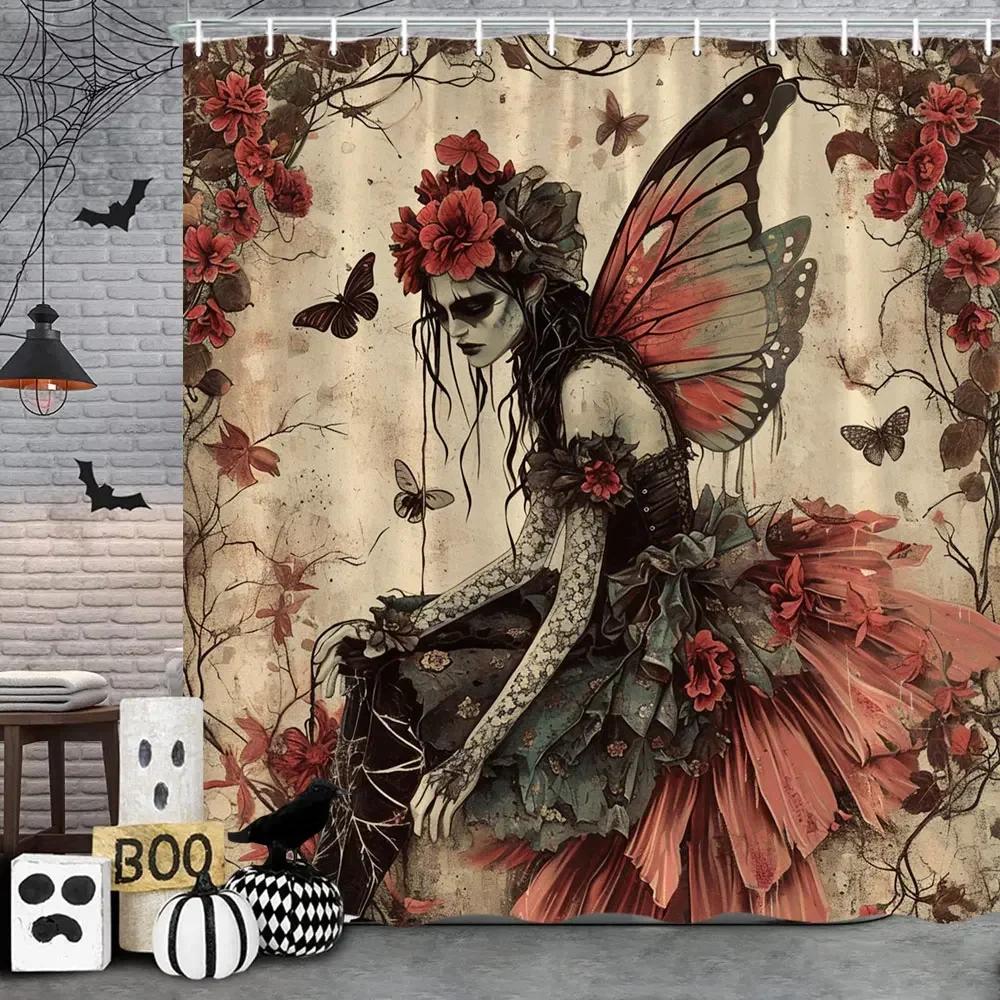 Halloween Gothic Skull Shower Funny Black Rose Bones Holiday Gift Polyester Bath Curtain Bathroom Decor with XT6