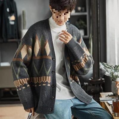 2025 Autumn/Winter Hong Kong Style Loose Knit Men's Color Block Cardigan Sweater for Couples