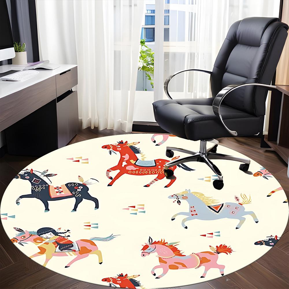 1PC Horse Pattern Office Round Area Rug, Mat Suitable For Office, Under Office Chairs Bedroom Living Room Home Decor, Room Deco