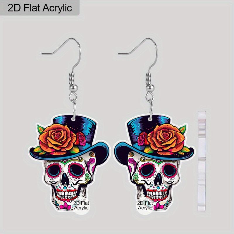 2D Flat Cute Halloween Sugar Skull Earrings Dangle Acrylic Day of The Dead Decor Gifts for Women Festival Charms