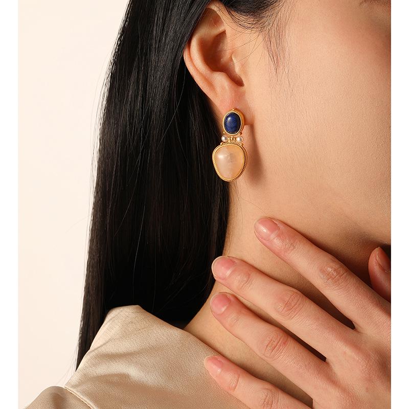 Elegant French Retro Geometric Natural Stone Earrings with 925 Silver Needle
