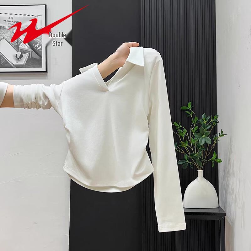 Shuangxing Women s Polo Ribbed Long-Sleeve T-Shirt L