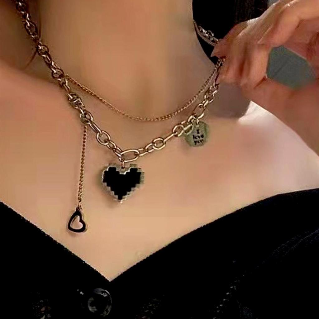 Valentine's Day Black Mosaic Heart & Peach Heart Double-Layer Hip Hop Necklace
