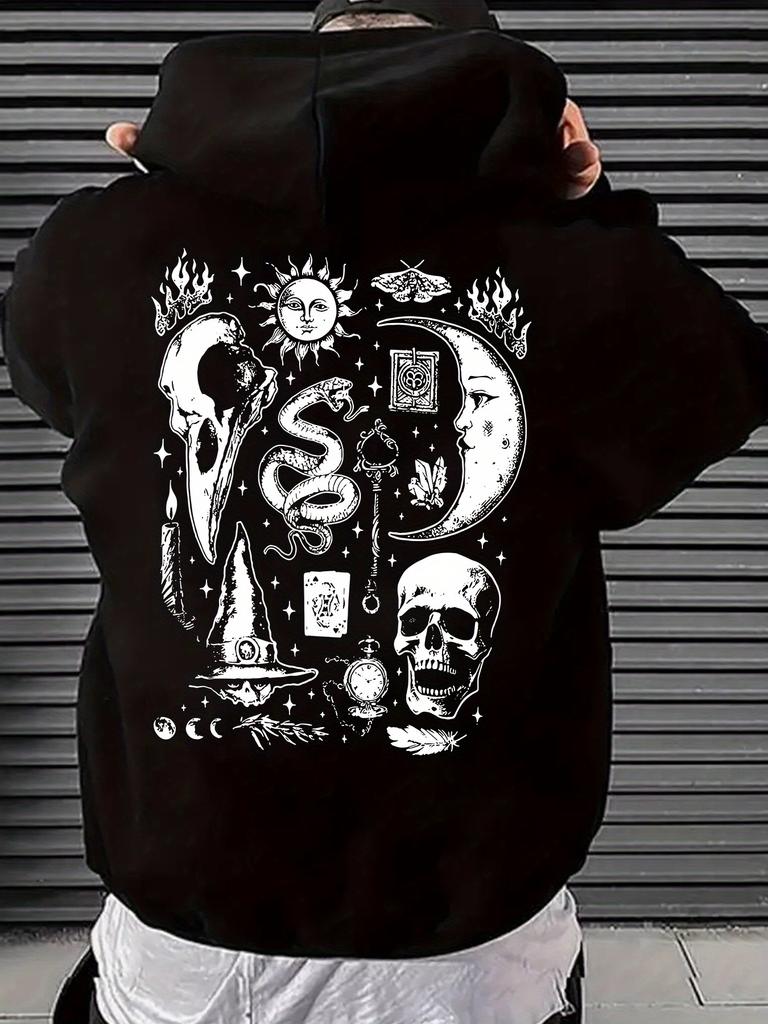 Fall/Winter Mystical Skull Moon Tooth Snake Print Hooded Sweatshirt - Retro Gothic Street Casual Pullover Shirt