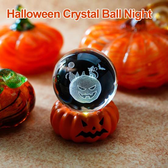 Halloween Faux Crystal Ball Night Light 3D Pumpkin Skull Witch Haunted House Spiderweb Glass Ball Lamp with Base USB Powered Glowing Sphere Decoration