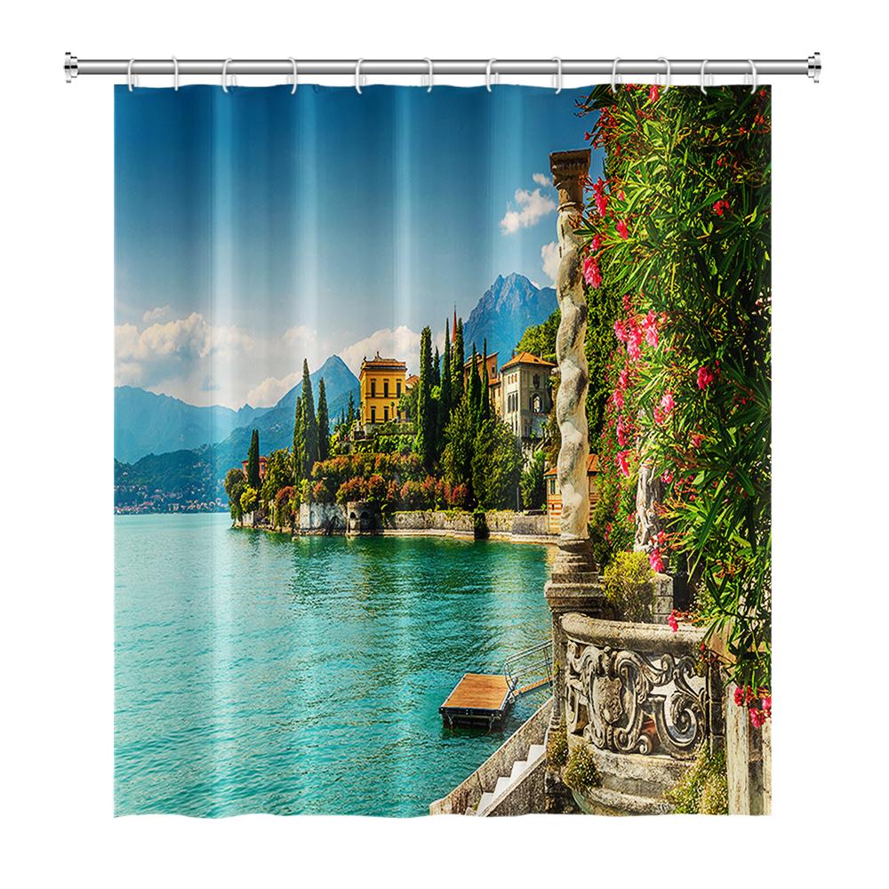 Venkovská krajina Sprchové závěsy Potok Kámen Lotos Buddha Koupelnový závěs Přírodní scenérie Vodotěsná Koupelna Domácí dekorace s háčky