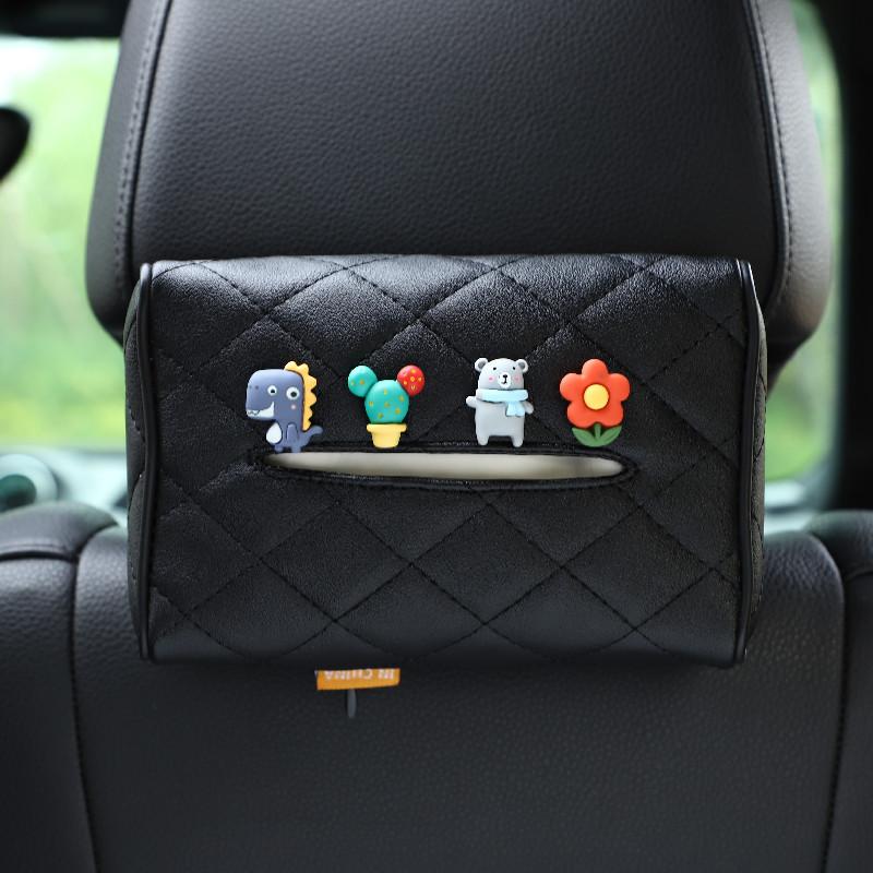 Leather Car Tissue Box Cartoon Cute Car Seat Back Hanging Drawout Box Multifunctional Armrest Box
