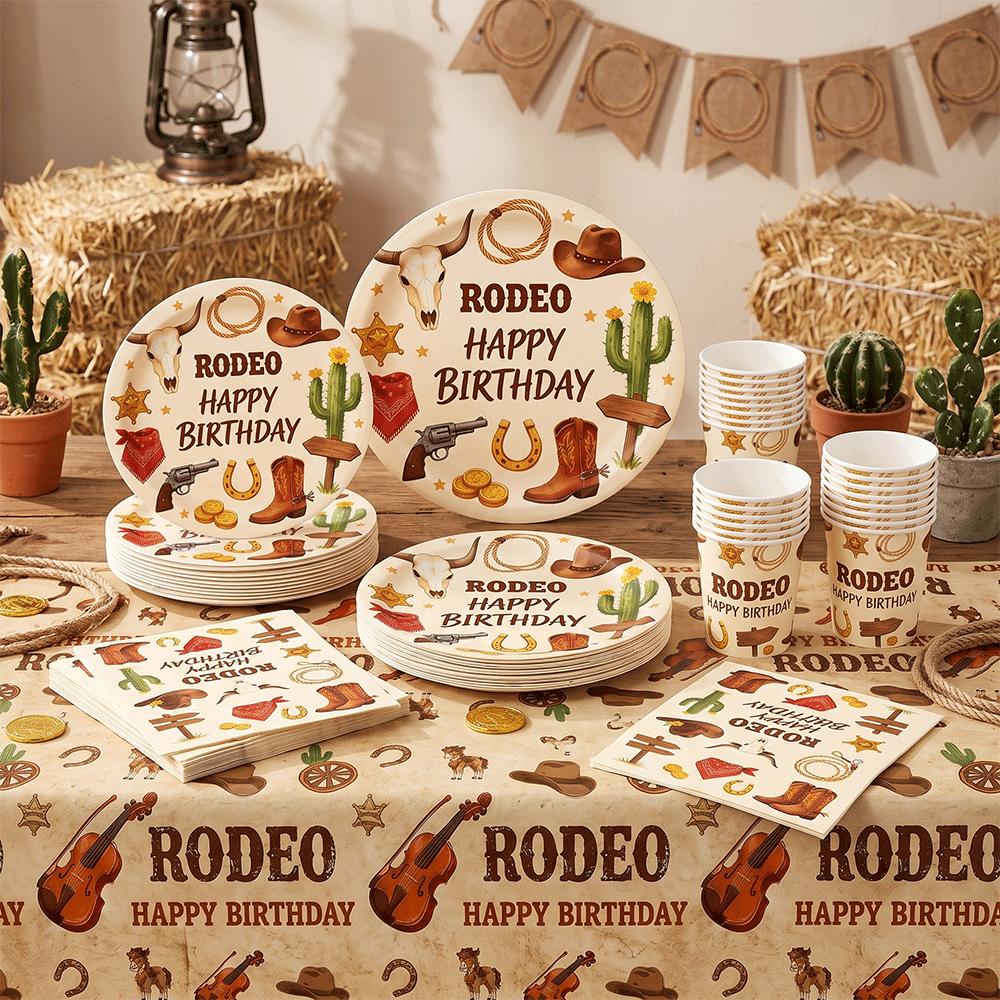 Rodeo Theme Birthday Party Decor Tableware Set Paper Plates Cup Napkins Tablecloth Wild West Cowboy Cowgirl Rodeo Party Supplies